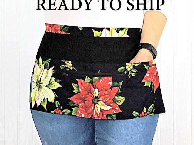 SHIPS FAST~ Black Tis the Season Poinsettias Multi-Pocket Apron, Xmas Vendor Apron with money pocket, ready to ship fits waists up to 40"