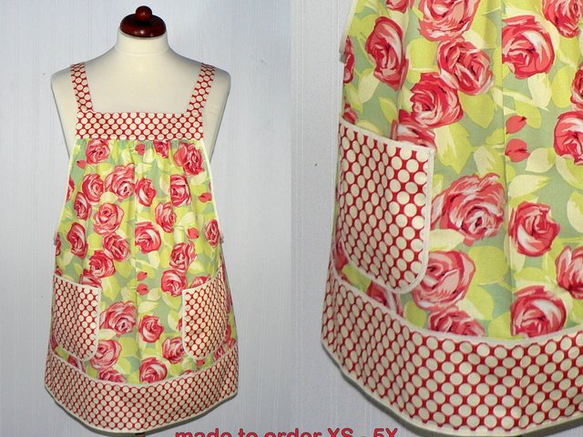 Tumble Roses (in Tangerine) Pinafore with no ties, relaxed fit smock apron with pockets, made-to-order XS - 5X