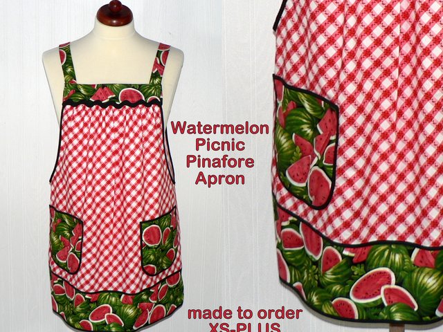 Watermelon Picnic Pinafore Apron with no ties, relaxed fit smock with pockets, retro farmhouse kitchen apron LAST ONE