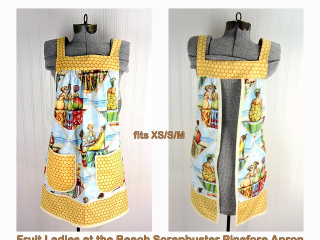 SHIPS FAST~ XS/S/M Fruit Ladies at the Beach Scrapbuster Pinafore, retro smock with pockets, no tie apron doesn't touch neck, ready to ship