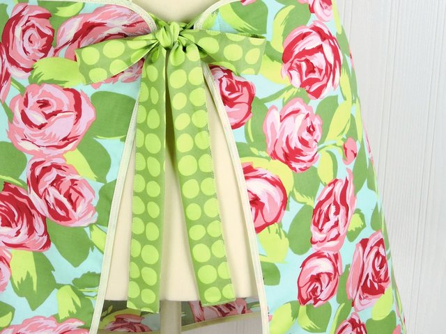 Tumble Roses in Green & Pink Retro Smock Apron, relaxed fit with no neck ties (H-back apron) XS - 4X with opt pockets