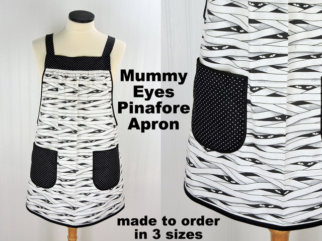 XS - 5X Glow in the dark Mummy EYES Pinafore with no ties, relaxed fit smock with pockets, spooky Halloween Apron