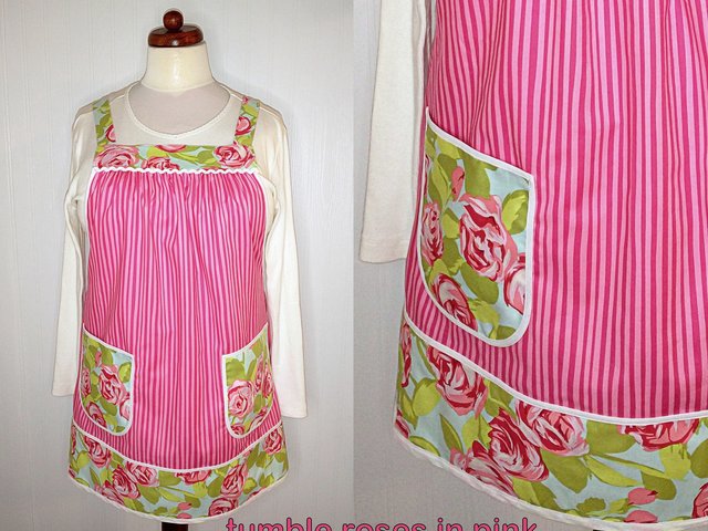 Pink Tumble Roses (with pink stripe) Pinafore with no ties, relaxed fit smock apron with pockets, OOP fabric, made-to-order XS - 5X