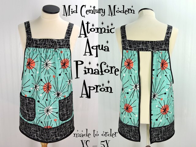 Atomic Aqua Pinafore Apron,  relaxed fit apron with no ties, retro smock with pockets, made-to-order XS - 5X