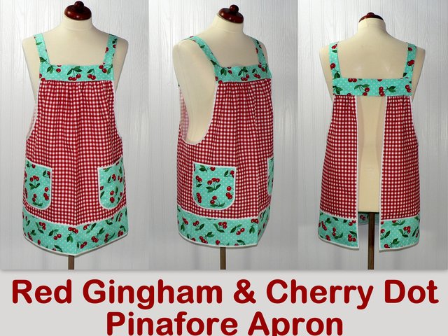 XS to 5X Red Gingham and Aqua Cherry Dot Pinafore with no ties, relaxed fit smock with pockets, retro baking apron