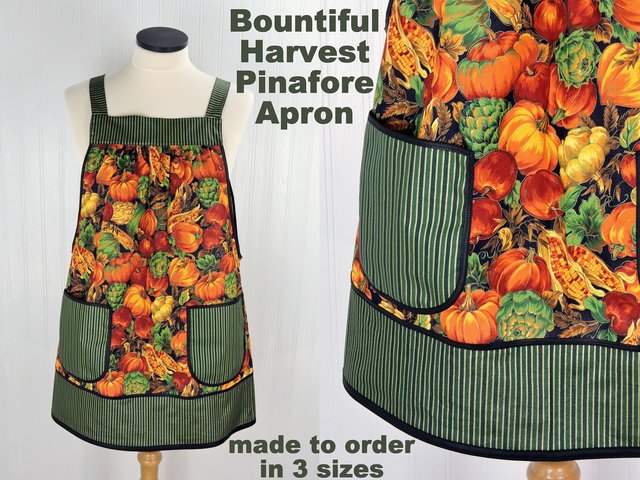 Bountiful Harvest Pinafore Apron with no ties, relaxed fit smock with pockets, fall pumpkins, made to order XS to 5X