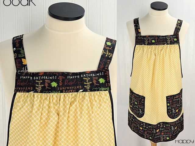 SHIPS FAST~ Thanksgiving Hostess Apron, Happy Gatherings Pinafore with no ties, relaxed fit smock with pockets fits L/XL/2X, ready to ship