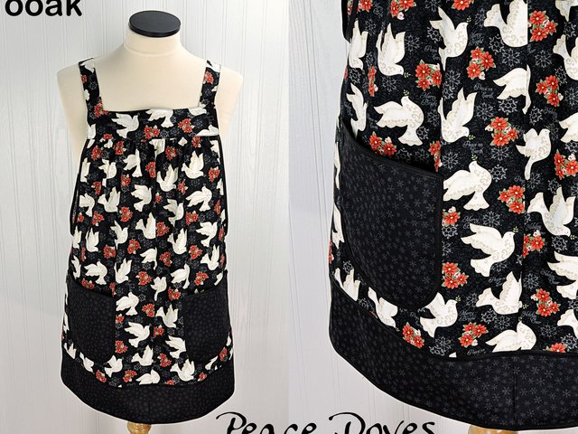 SHIPS FAST~ Peace Doves Pinafore with no ties, relaxed fit smock with pockets fits L/XL/2X, Christmas baking apron ready to ship now
