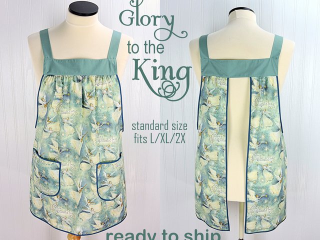 SHIPS FAST~ Glory to the King Pinafore with no ties, relaxed fit smock with pockets fits L/XL/2X, Christmas baking apron ready to ship
