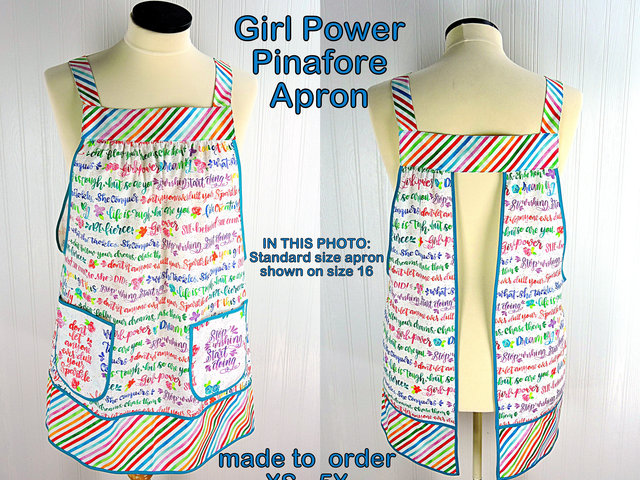 Girl Power Pinafore with no ties, relaxed fit smock with pockets, rainbow script words of empowerment, XS to 5X made after order