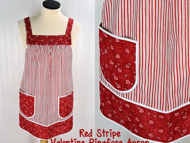 SHIPS FAST~ Red Stripe Valentine Pinafore with no ties, relaxed fit smock with pockets, standard size Red Heart Apron L/XL/2X, Ready to Ship