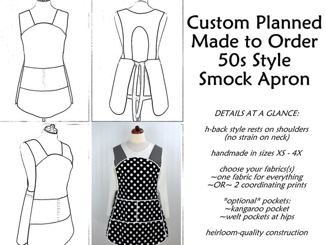 Custom Planned 50s Smock Apron (choose your fabrics) relaxed fit smock w/ pocket options, H-back style (no neck ties) XS - 4X