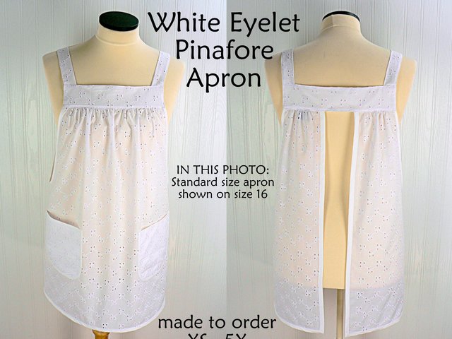 White Eyelet Pinafore Aprons with no ties, relaxed fit smock with pockets, XS - 5X made to order, lightweight and airy cover-up
