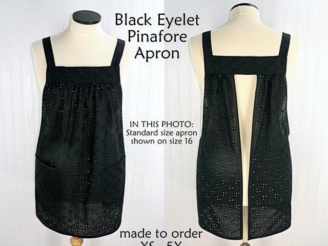 Black Eyelet Pinafore Apron with no ties, relaxed fit smock with pockets, XS - 5X made to order, lightweight and airy cover-up