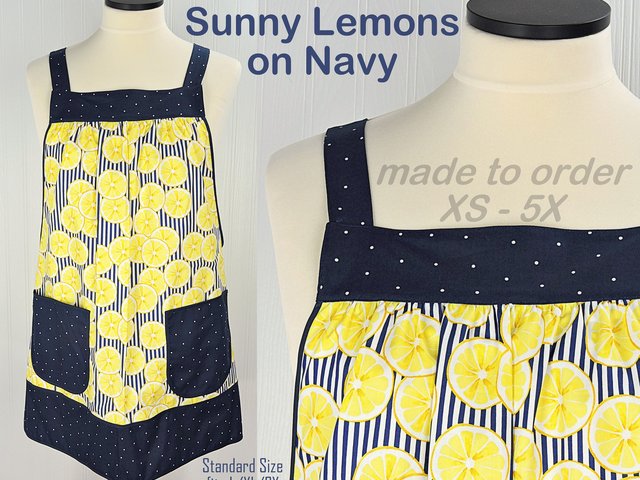 Sunny Lemons on Navy Pinafore Apron with no ties, relaxed fit smock apron with pockets, made to order XS - 5X