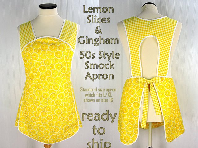 SHIPS FAST ~ Lemon Slices & Gingham 50s Smock Apron, relaxed fit "H-back" doesn't touch neck, "first sample" fits L/XL, ready to ship