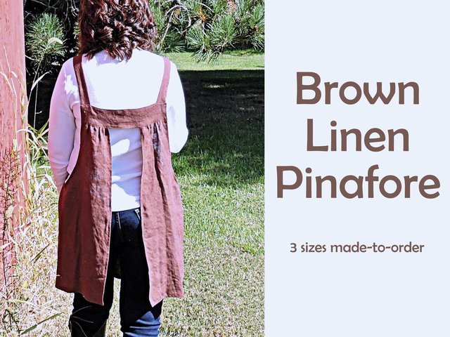 Brown Washed Linen Pinafore with no ties, 100% flax linen relaxed fit smock with pockets, made to order XS - 5X