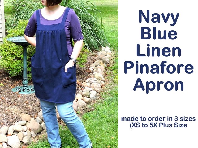 XS -5X Navy Blue Linen Pinafore Apron with no ties, prewashed linen, Relaxed Fit Smock with pockets, handmade after order by Laurie