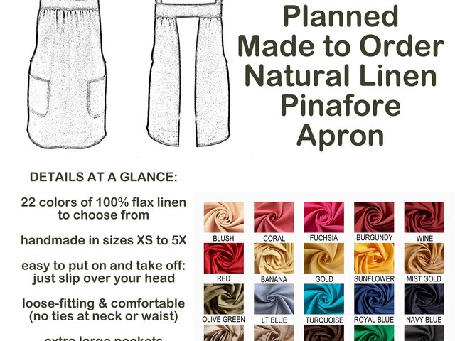 XS - 5X Natural LINEN Pinafore Apron with no ties (22 color options) Washed Linen Relaxed Fit Smock with pockets, handmade by Laurie