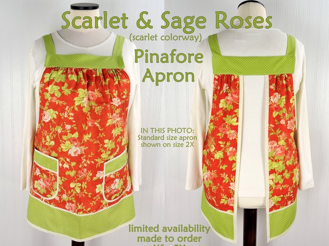Scarlet & Sage Roses (in SCARLET colorway) Pinafore Apron with no ties, relaxed fit smock with pockets, made to order XS - 5X