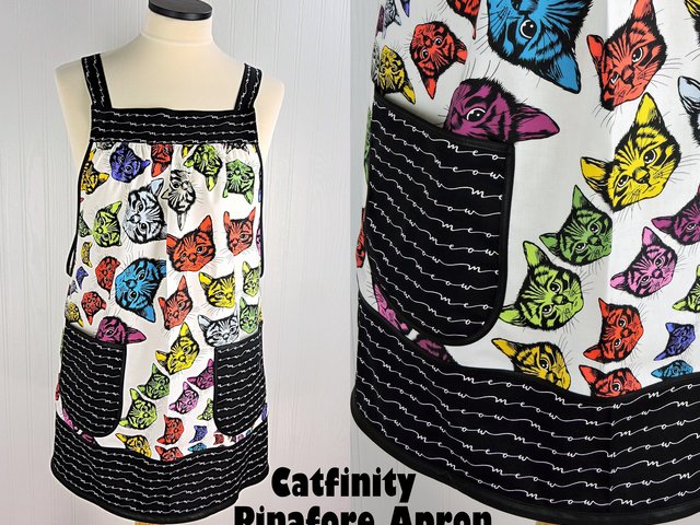 Catfinity Pinafore Apron with no ties, relaxed fit smock with pockets, cat lover apron made to order XS to 5X Plus Size