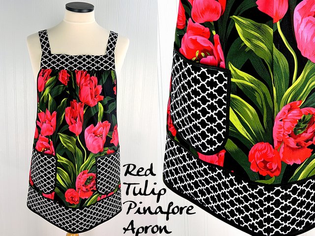 SHIPS FAST ~ Red Tulips Pinafore Apron with no ties, plus size smock apron with pockets, Standard Size (fits L/XL/2X) ready to ship now