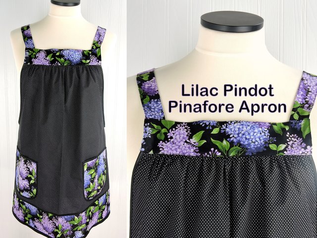 SHIPS FAST ~ Lilac Pindot Pinafore Apron with no ties, relaxed fit smock with pockets, spring floral apron fits L/XL/2X, ready to ship