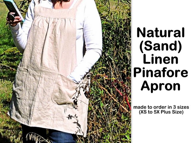 Natural (Sand) Washed Linen Pinafore Apron with no ties, 100% flax linen relaxed fit smock with pockets, handmade after order XS - 5X