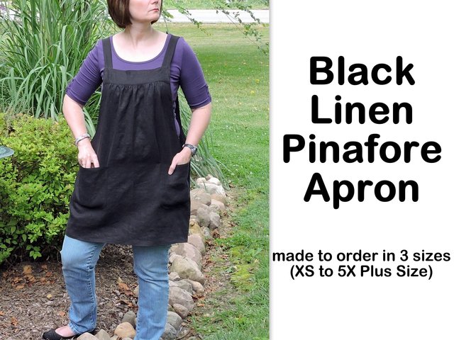 Black Linen Pinafore Apron with no ties, Washed Linen Relaxed Fit Smock with pockets, handmade after order XS to  5X Plus Size