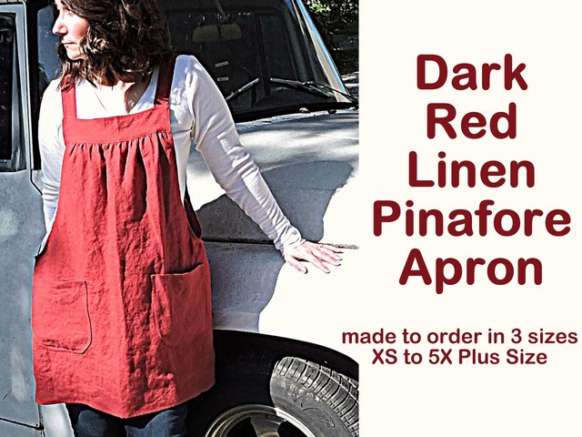 XS - 5X Dark Red Washed Linen Pinafore Apron with no ties, pure flax washed linen relaxed fit smock with pockets, handmade after order