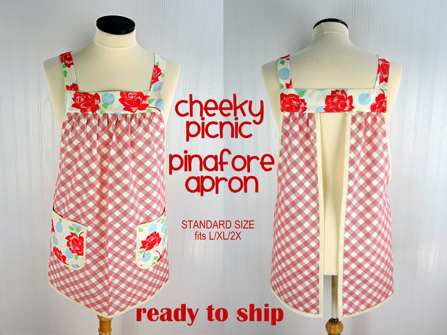 SHIPS FAST~ Cheeky Picnic Pinafore with no ties, relaxed fit smock with pockets, retro farmhouse apron, standard size L-XL-2X ready to ship