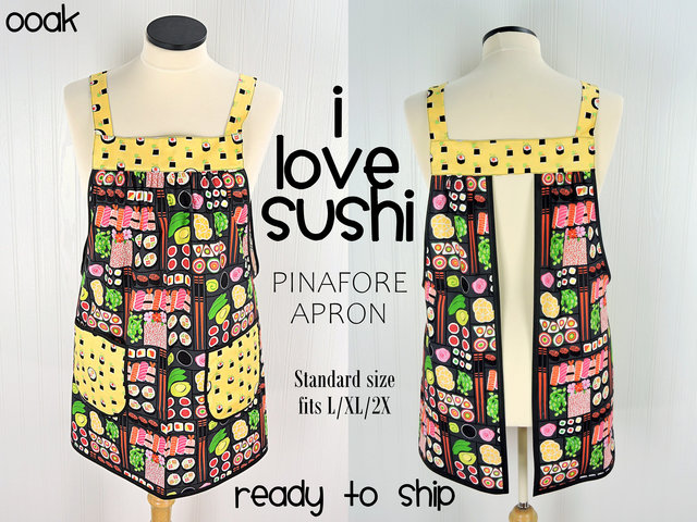 SHIPS FAST~ I Love Sushi Pinafore Apron with no ties, Japanese bento box on gray, relaxed fit smock with pockets fits L/XL/2X, Ready to Ship