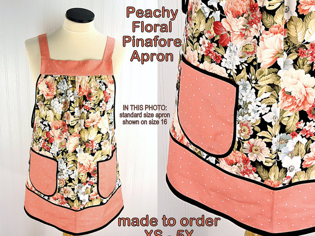 Peachy Floral Pinafore with no ties, relaxed fit smock with pockets, made to order XS to 5X plus size, pretty flower apron