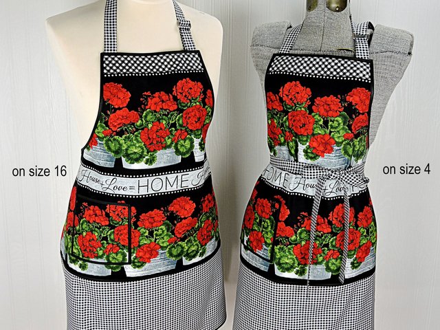 SHIPS FAST~ Geraniums Chef's Apron with pocket, pretty hostess apron, retro kitchen decor, one-size-fits-most, Red Geranium & Black Gingham