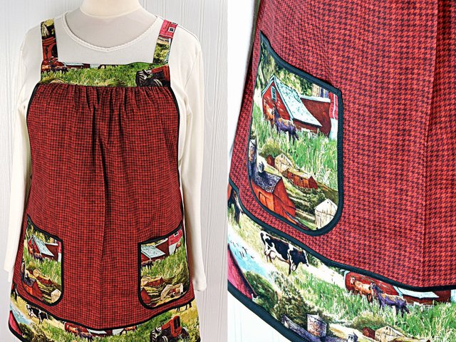 SHIPS FAST~ Vintage Farm Scene (on red) Pinafore with no ties, relaxed fit smock with pockets, Red Barn- Horses- Cows- Tractor, fits L/XL/2X