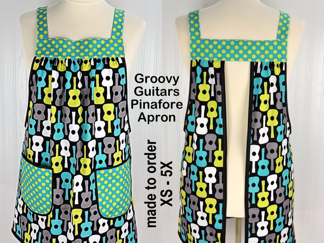 Groovy Guitars Pinafore Apron with no ties, relaxed fit smock with pockets, Lagoon colorway, made to order XS to 5X