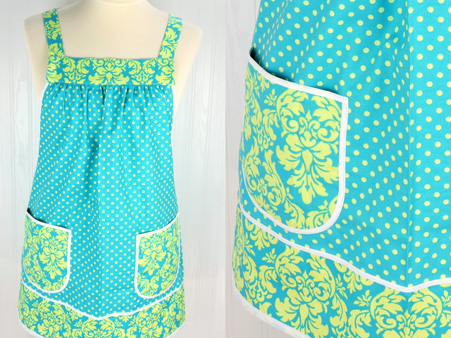 SHIPS FAST~ Pinafore Apron with no ties (Dandy Damask and Polka Dots in Lagoon) relaxed fit smock with pockets, standard size fits L/XL/2X