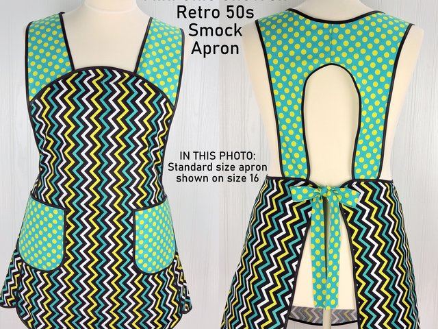 Mini Chic Chevron in Lagoon, Retro 50s Smock Apron with pockets, relaxed fit with no neck ties (H-back apron) made to order XS to 4X