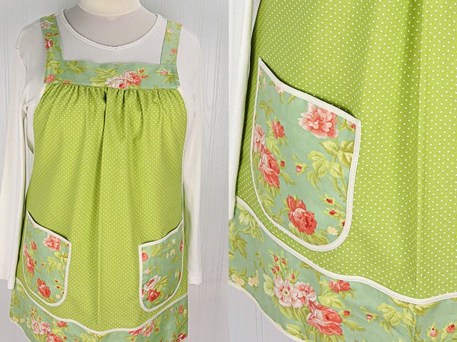 SHIPS FAST~ Scarlet & Sage Roses Pinafore Apron with no ties, relaxed fit smock with pockets, standard size apron fits L/XL/2X