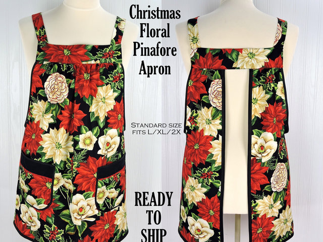 SHIPS FAST~ Christmas Floral Pinafore with no ties, relaxed fit smock with pockets fits L/XL/2X, Xmas baking apron, ready to ship