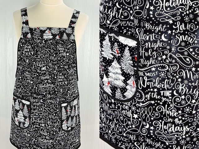 SHIPS FAST~ Silent Night Holiday Script Pinafore with no ties, Relaxed Fit Smock with pockets, Standard Size fits L/XL/2X, Christmas apron