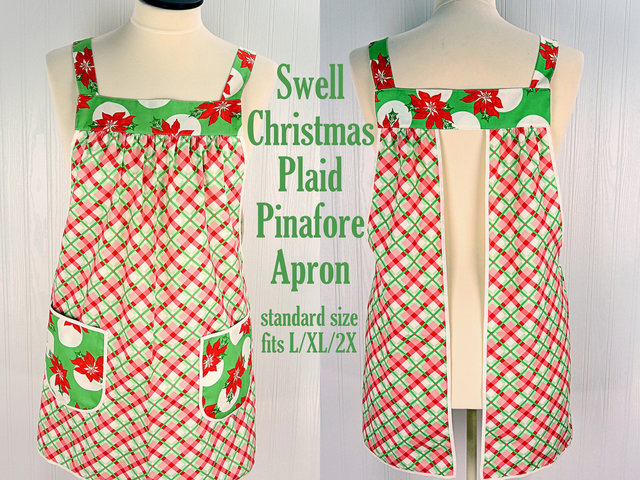 SHIPS FAST~ Swell Christmas Plaid Pinafore with no ties, relaxed fit smock with pockets fits L/XL/2X, Christmas baking apron, one of a kind