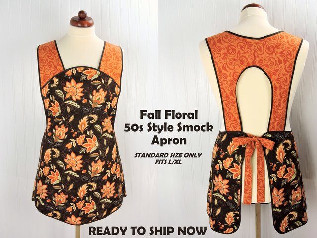 SHIPS FAST~ Fall Floral 50s Style Smock Apron, comfortable relaxed fit apron (H back style doesn't touch neck) last one fits L/XL