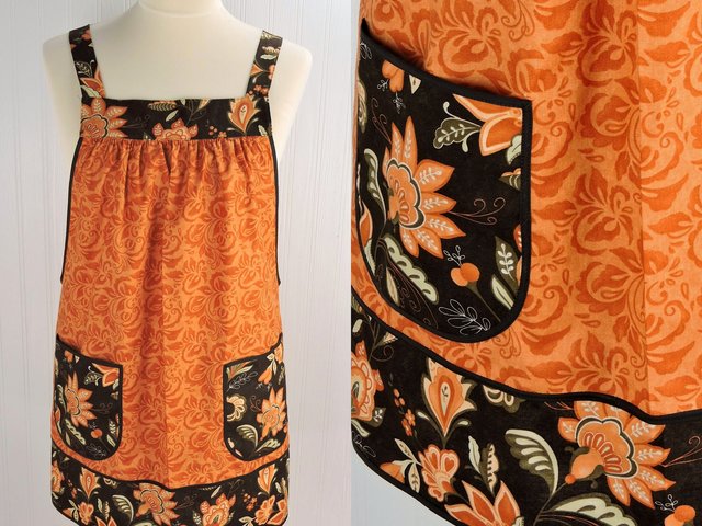 SHIPS FAST~ Fall Floral Pinafore Apron with no ties, relaxed fit smock with pockets, standard size fits L-XL-2X, ready to ship