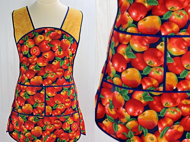 SHIPS FAST~ Apple Harvest 50s Smock Apron with kangaroo pocket, relaxed fit with no neck ties (H-back apron) fits sizes large or X-large