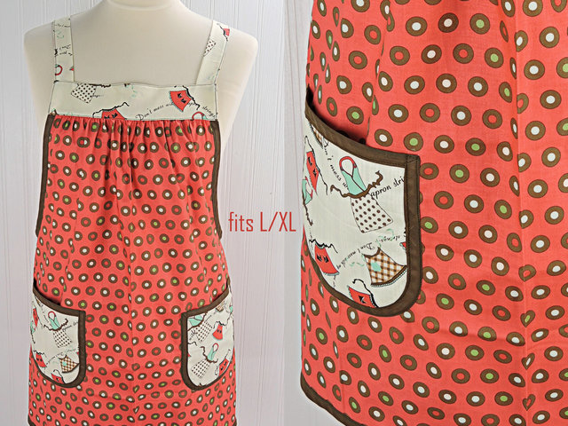 SHIPS FAST~ Domestic Diva Polka Dot Pinafore Apron with no ties, relaxed fit smock with pockets, standard size fits L-XL-2X, ready to ship