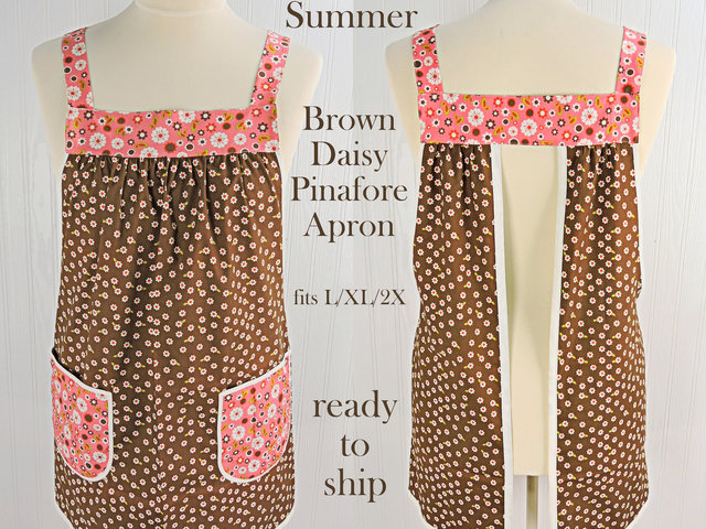 SHIPS FAST~ Indian Summer Brown Daisies Pinafore, lovely hostess apron, relaxed fit smock with pockets fits L/XL/2X, ready to ship