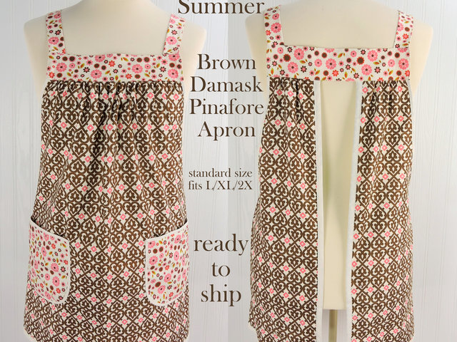 SHIPS FAST~ Indian Summer Brown Damask Pinafore, retro hostess apron, relaxed fit smock with pockets fits L/XL/2X, ready to ship