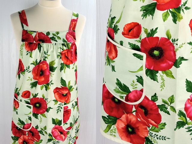SHIPS FAST Poppy Panache on mint Pinafore Apron, relaxed fit smock with pockets fits L/XL/2X, pretty baking apron ready to ship
