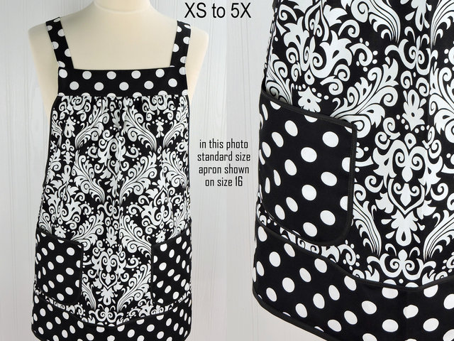 Black Damask and Dot Pinafore with no ties, relaxed fit smock with pockets, lovely hostess apron made to order XS - 5X